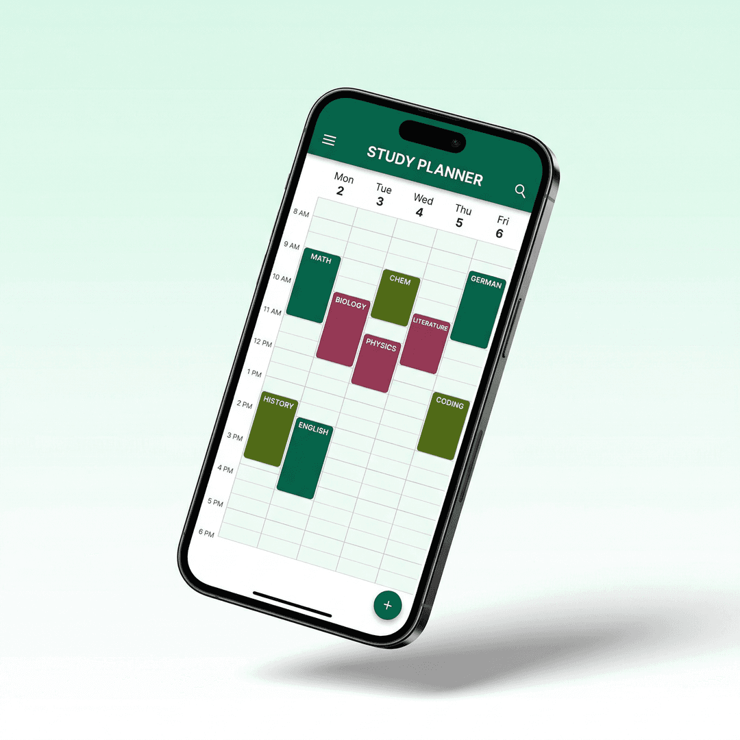 Planea app mostrando un calendario de estudio semanal con sesiones de diferentes asignaturas