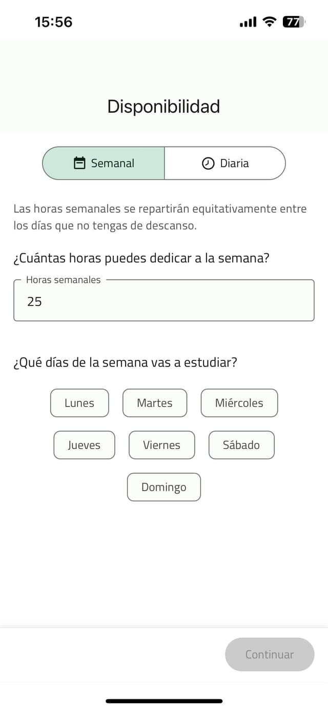 Configuración de disponibilidad semanal con horas y días de estudio