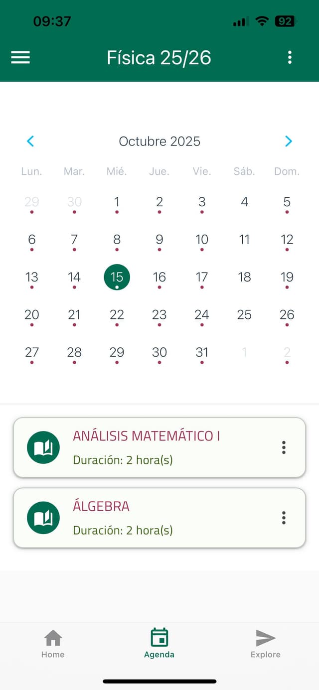 Vista de calendario mensual con sesiones de estudio marcadas en cada día