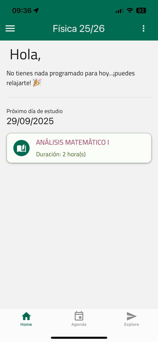 Pantalla principal mostrando el plan del día con la próxima sesión de estudio