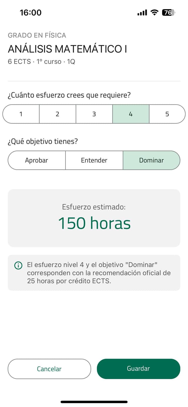 Configuración de esfuerzo y objetivo para una asignatura con estimación de horas