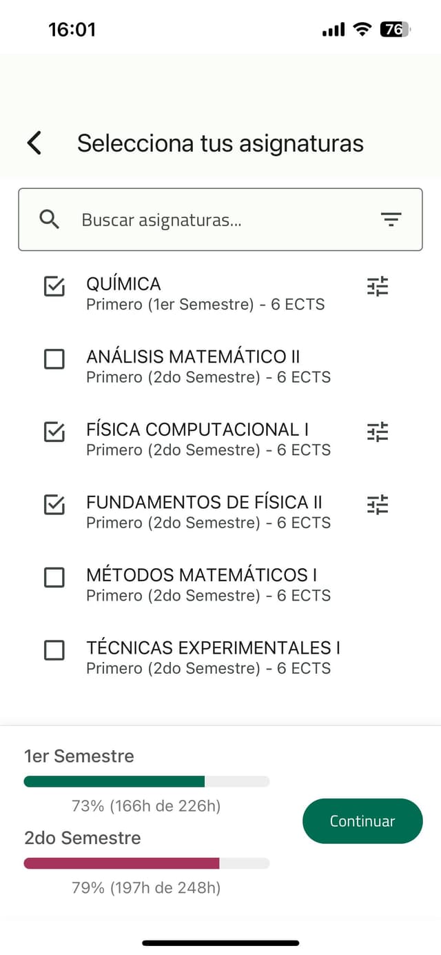 Selección de asignaturas con lista de materias y créditos ECTS